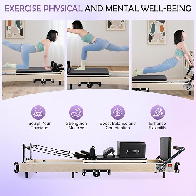 Pilates Reformer, Maple Wooden Foldable Pilates Reformer Machine with 6 Springs,Sitting Box, Padded Jump Board, 660lbs Capacity for Home Workouts Studio Yoga