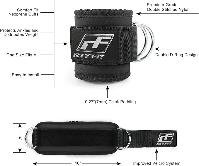 RitFit Padded Ankle Strap for Cable Machine, Strong Hook and Loop.Reinforced Double D-Ring, Adjustable Comfort fit Neoprene - Premium Ankle Cuffs to Enhance Workouts (Double D-Ring)