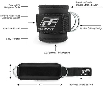 RitFit Padded Ankle Strap for Cable Machine, Strong Hook and Loop.Reinforced Double D-Ring, Adjustable Comfort fit Neoprene - Premium Ankle Cuffs to Enhance Workouts (Double D-Ring)