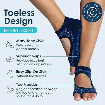 Tucketts Toeless Pilates Socks with Grips for Women, Non-Slip Yoga & Barre Socks for Stability & Barefoot Workouts, Size 6-13