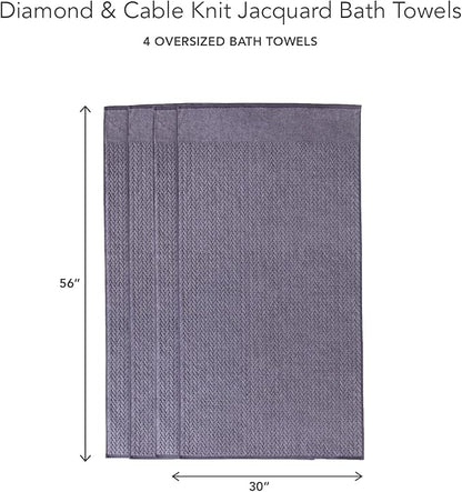 Texere 100% Organic Cotton Jacquard 650 GSM Premium Bath Towel Sets - Extra Absorbent Quick Dry and Plush (Cable, Excalibur, 4 Bath Towels)