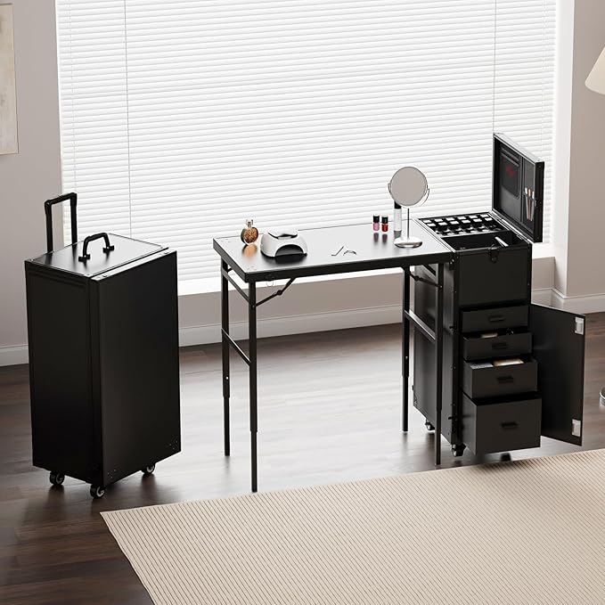 Icoget Rolling Manicure Table on Wheels, Portable Nail Desk, Foldable Nail Table w/Polish Tray and Storage, Traveling Nail Case w/Detachable Adjustable Height Workstation
