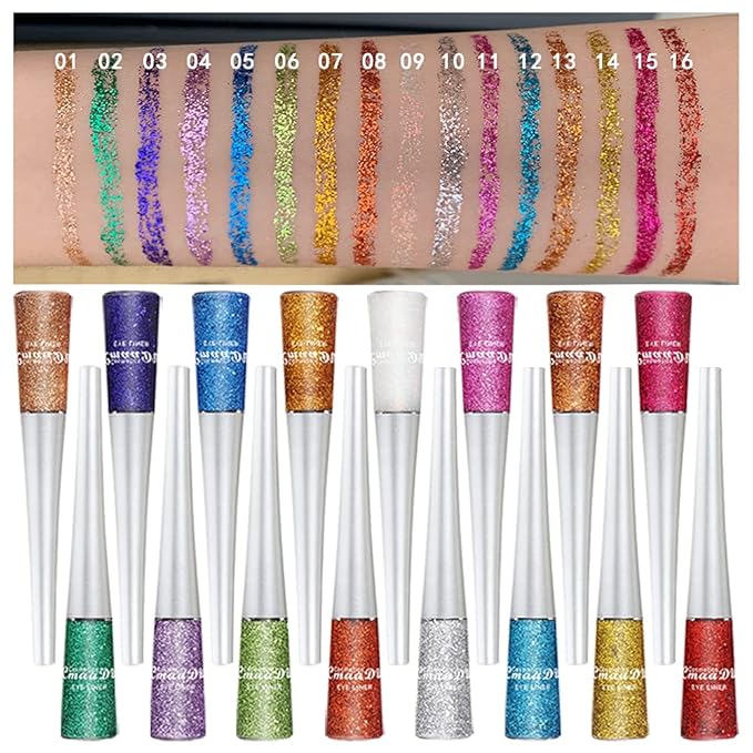 evpct 16 Color Liquid Glitter Eyeliner Sets Eyeliner Glitter Liquid Liners for Women White Silver Rose Gold Pink Sparkly Sparkle Shimmer Eyeliners delineador con glitter de colores para ojos colores
