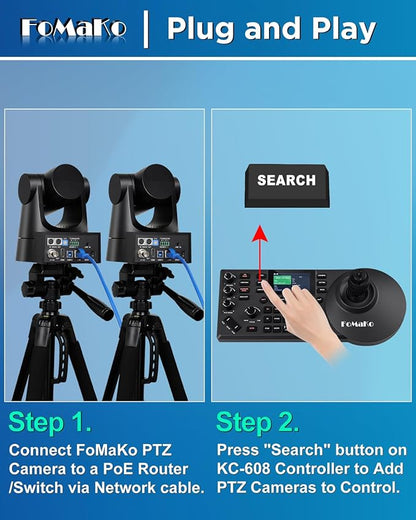 FoMaKo NDI PTZ Camera (NDI 6 & NDI HX3 Certified), AI Auto-Tracking Gen 3, 20X Optical Zoom PoE HDMI PTZ Camera for Church Worship, PTZ Controller, (PTZ Bundle KN20Ax2+KC608) BN202