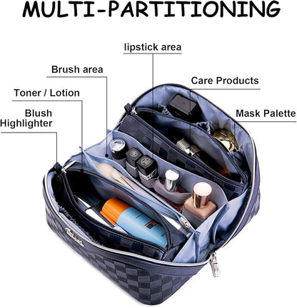 BOYATU Travel Makeup Bag Organizer Cosmetic Bag: 3 Pcs Set Make up Bags for Women with Handle - Waterproof Vegan Leather Toiletry Bags Travel Essentials Pouch with Compartments (C-12-Dark Blue)