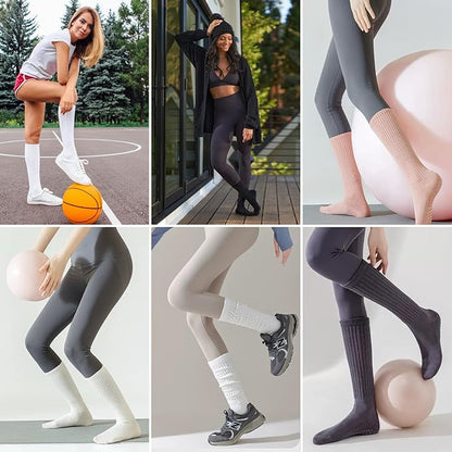 COOVAN Grip Pilates Socks for Women 3 Pairs Yoga Slouch Crew Long Scrunch Slipper Socks for Barre Ballet Dance Hospital