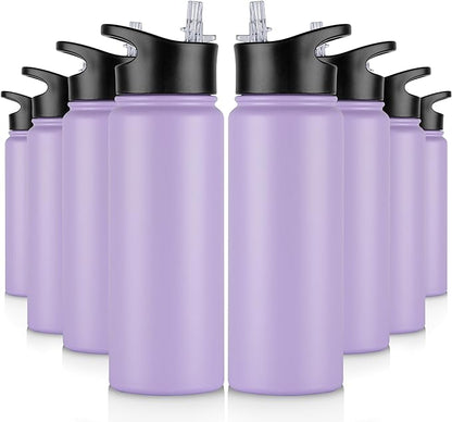 24 oz Insulated Water Bottle Bulk 8 Pack, Stainless Steel Sports Water Bottles with Straw Lid & Wide Mouth Lids, Double Walled Vacuum, Leak Proof, Purple