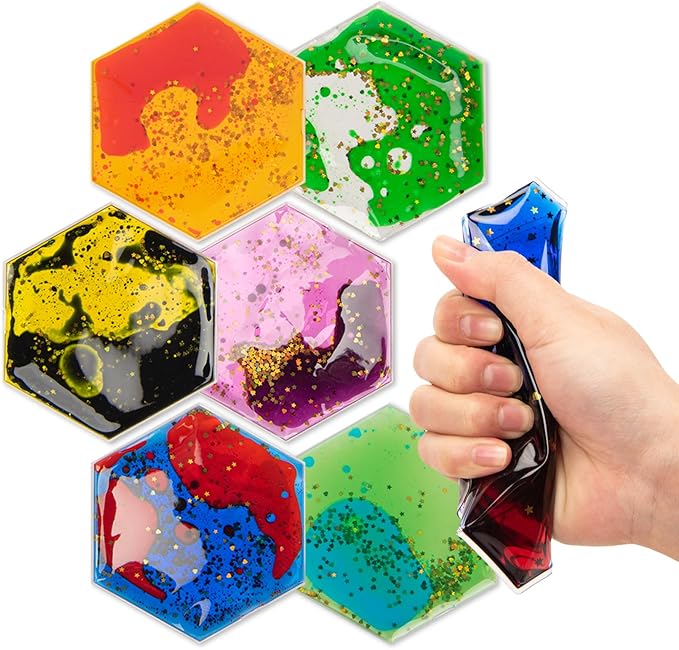 Art3d Hexagon Sensory Fidget Liquid Motion Tiles for Kids, Toddler, Teens - Interactive Soft Gel Liquid Play Mats for Home, Schools, Playrooms, Multi-Pack of 6 Tiles