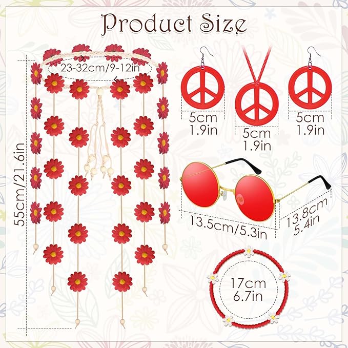 6 Pcs Hippie Costume Accessories Set, Flower Hippie Headband Boho Peace Sign Necklace Earrings Sunglasses Bracelet