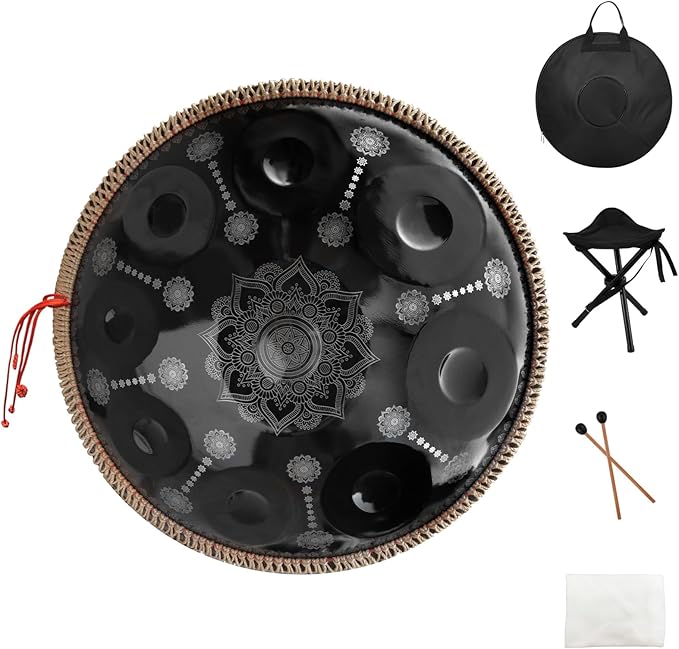 432HZ Handpan Set-Premium 22 Inches 9 Sounds D Minor Steel Hand Pan,Handpan Drum Instrument for Adults,Print Black