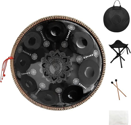 432HZ Handpan Set-Premium 22 Inches 9 Sounds D Minor Steel Hand Pan,Handpan Drum Instrument for Adults,Print Black