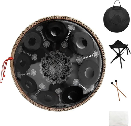 432HZ Handpan Set-Premium 22 Inches 9 Sounds D Minor Steel Hand Pan,Handpan Drum Instrument for Adults,Print Black