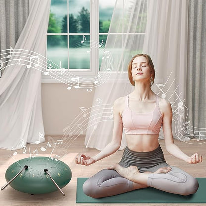 D Major Steel Tongue Drum Handpan, 12 Inch 13 Note Large Rain Drum for Outside Garden, Meditation Rain Chime, Musical Percussion Instrument for Adult Gift with Bag, Music Book, Drum Mallets (Green)