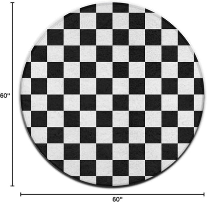 Soft Round Yoga Carpet, Large Home Decor Mat, Non-Slip Machine Washable Kitchen Office Circle Rug Compatible with Race Checkerboard Checkered Black and White