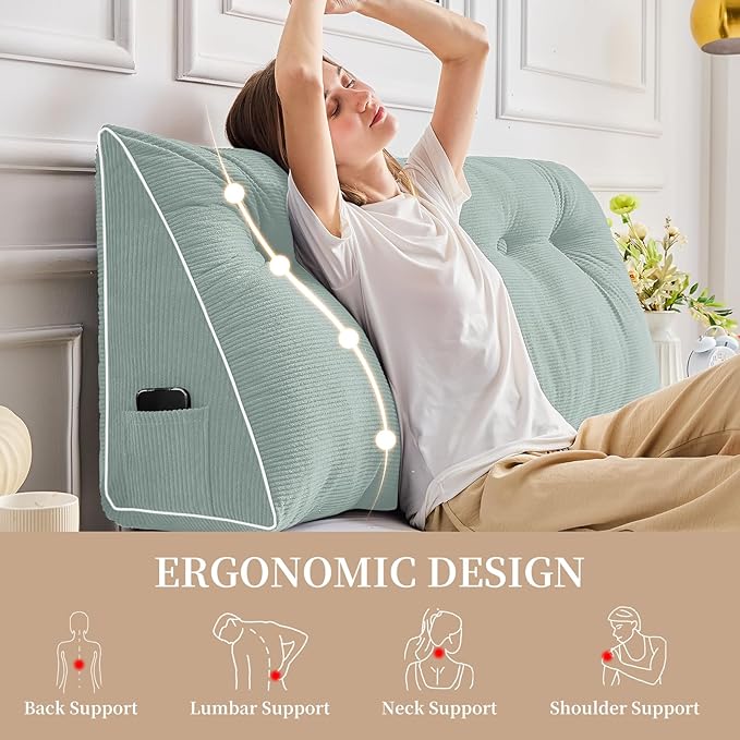 Sasttie Headboard Pillow King, Wedge Pillow Headboard for Sitting Up in Bed, Back-Rest Support Triangular Cushion for Reading - Features Removable Washable Cover, Mint Green