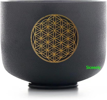 8" C Note 528HZ Flower of Life Black Crystal Singing Bowl Frosted Quartz Root Base Chakra Meditation Sound Healing with Durable Carrying Case Suede Striker O-ring