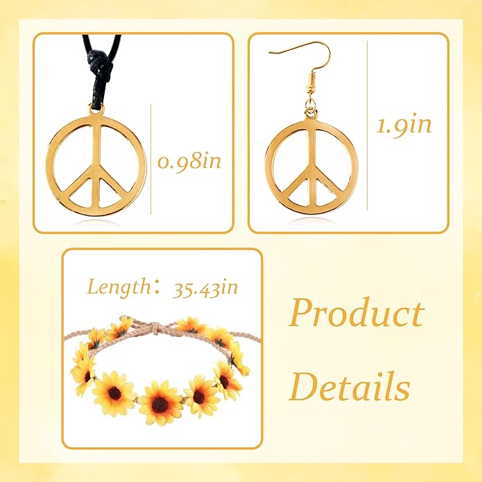 choice of all Peace Sign Necklace Earrings Sunflower Headband Set for Women 60s 70s Outfits Hip Hop Hippie Jewelry Halloween Costume Accessories