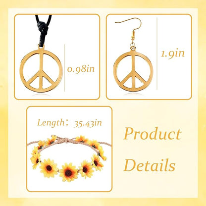choice of all Peace Sign Necklace Earrings Sunflower Headband Set for Women 60s 70s Outfits Hip Hop Hippie Jewelry Halloween Costume Accessories