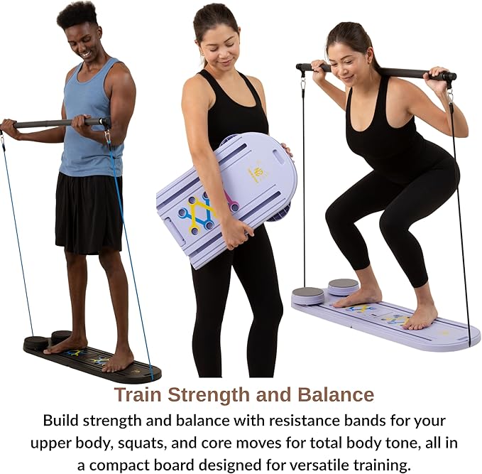 7-in-1 Pilates Reformer Board, Portable Pilates Board Foldable Pilates Reformer Equipment with Timer for Home Workouts with Resistance Bands Core Glider Push-Up Handles Balance Trainer Pilates Machine