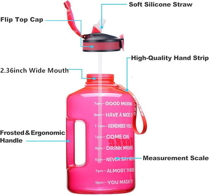 1 Gallon Motivational Sports Water Bottle with Time Marker, BPA Free 128oz Leak Proof Jug, Black, Plastic, 128 ounces, Fitness, Sports, Outdoor Activities