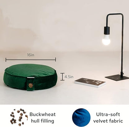 Mindful Modern Velvet Meditation Cushion | Luxe Zafu Yoga Floor Pillow Seat | Posture Support | Buckwheat Hull Filled | Large Round Cushion with Removable Washable Cover + Carry Handle
