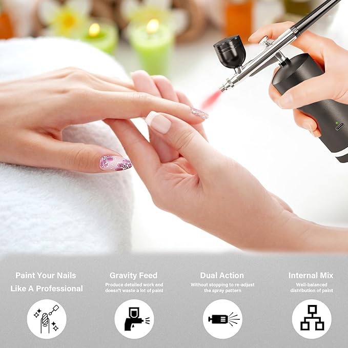 Airbrush Kit With Compressor - 48PSI Rechargeable Cordless Non-Clogging High-Pressure Air Brush Set with 0.3mm Nozzle and Cleaning Brush Set for Nail Art, Makeup, Painting, Cake Decor (Black)