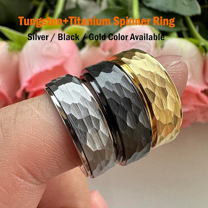 8mm Silver/Black/Gold Spinner Tungsten Titanium Fidget Rings for Men Women Anxiety Released Hammered Design Engagement Wedding Band Stepped Edges Comfort Fit