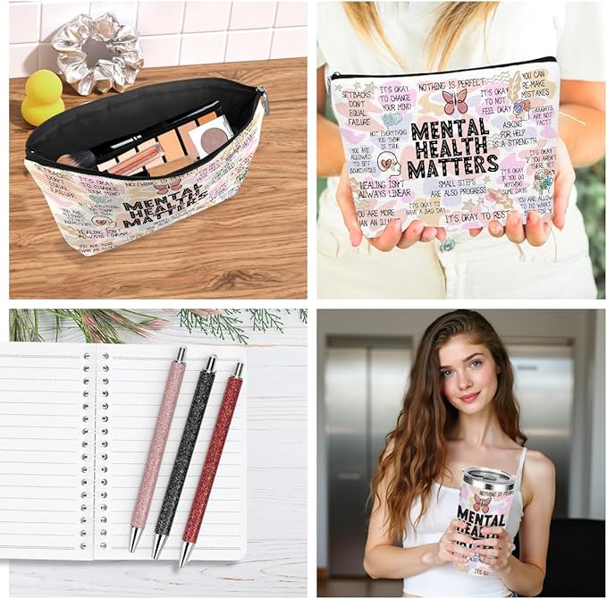 Mental Health Gifts Positive Affirmations Mental Health Awareness Inspirational Gifts for Women Mom Friend Birthday Friendship Christmas, Office 6PCS 20oz Tumbler Makeup Bag Ballpoint Pen Notebook