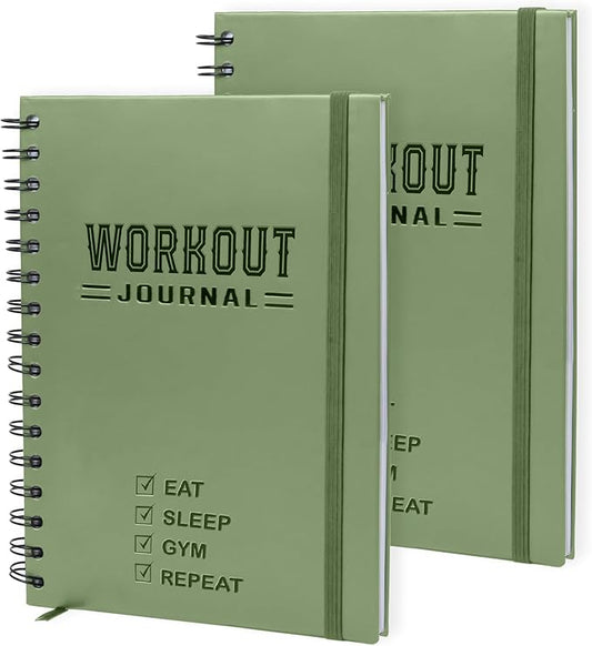 Hardcover Fitness Planner Workout Journal for Women & Men - Undated A5 Sturdy Workout Notebook to Track Gym & Home Workouts - Green Separately Packaged 2 Pieces