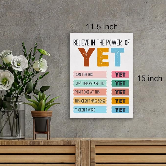 Mental Health Wall Art Canvas Painting Growth Mindset Print Framed I Believe in the Power of Yet Canvas Sign for Therapy Office Counselor Office Decor (12x15 Inch)