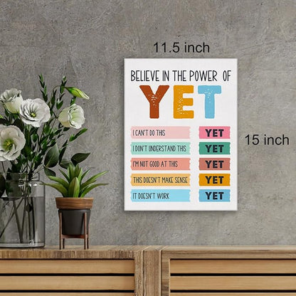 Mental Health Wall Art Canvas Painting Growth Mindset Print Framed I Believe in the Power of Yet Canvas Sign for Therapy Office Counselor Office Decor (12x15 Inch)