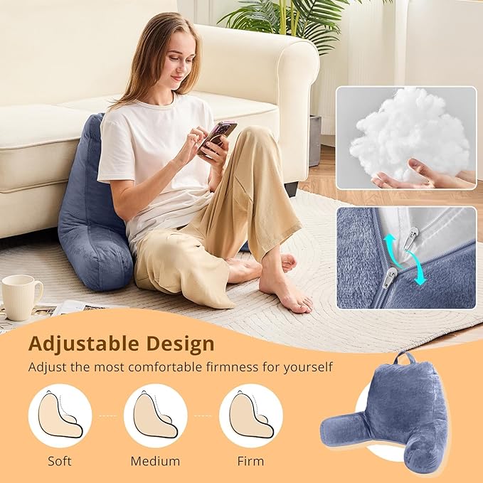 Sasttie Reading Pillow, Velvet Back Pillow for Bed Sitting Up, Adult Back-Rest Support Cushion with Arms for Sit Up on Couch, Sofa, and Floor, Dorm Essentials, Reading Accessories, Grey Purple
