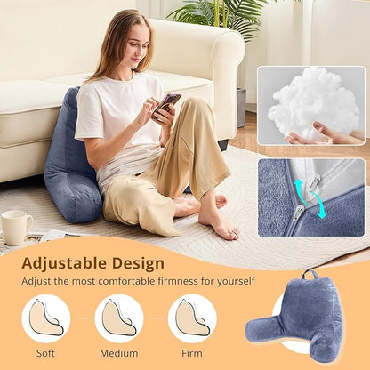 Sasttie Reading Pillow, Velvet Back Pillow for Bed Sitting Up, Adult Back-Rest Support Cushion with Arms for Sit Up on Couch, Sofa, and Floor, Dorm Essentials, Reading Accessories, Grey Purple