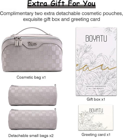 BOYATU Travel Makeup Bag Organizer Cosmetic Bag: 3 Pcs Set Make up Bags for Women with Handle - Waterproof Vegan Leather Toiletry Bags Travel Essentials Pouch with Compartments (C-13-Gray)