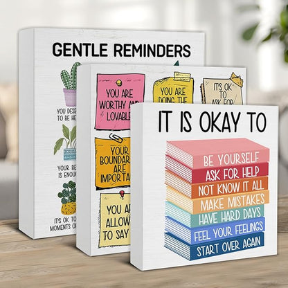 3 Pcs Mental Health Wood Signs Decor Psychology Wood Block Signs Gentle Reminders Note to Self It Is Okay to Be Yourself Wooden Box Signs Classroom Therapy Office Decorations