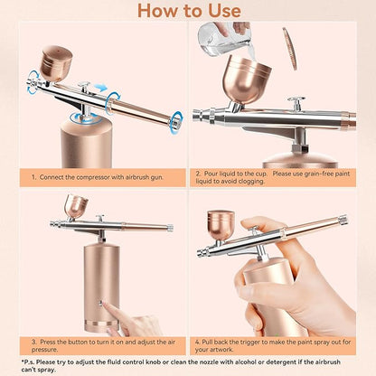 Airbrush Kit With Compressor - 48PSI Rechargeable Cordless Non-Clogging High-Pressure Air Brush Set with 0.3mm Nozzle and Cleaning Brush Set for Nail Art, Makeup, Painting, Cake Decor