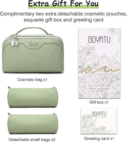 BOYATU Travel Makeup Bag Organizer Cosmetic Bag: 3 Pcs Set Make up Bags for Women with Handle - Waterproof Vegan Leather Toiletry Bags Travel Essentials Pouch with Compartments (C-06-Green)
