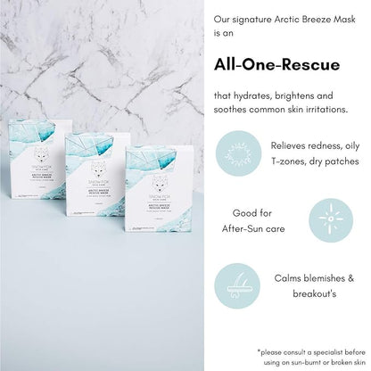Snow Fox Skincare - Arctic Breeze Rescue Mask - Peppermint Oil, Aloe Vera, Seaweed Extract | Hydrating, Soothing Skin Redness & Irritation | Post-Sun Recovery | Premium Organic Cotton - 5 Pack