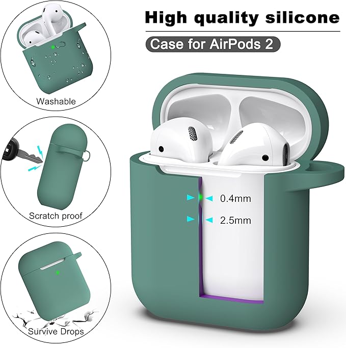 R-fun Compatible with AirPods Case Cover, Soft Silicone Protective Cover with Keychain for Women Men Compatible with Apple AirPods 2nd 1st Generation Charging Case, Front LED Visible,Pine Green