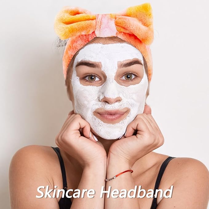VELSCRUN Spa Headband, Makeup Face Wash Skincare Headbands, 5 Pcs Orange Sponge Bow Tie Get Ready HairBand Facial Wristband Hair Clips Set, Stuff for Teen Girls Women Trendy Hair Accessories