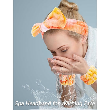 VELSCRUN Spa Headband, Makeup Face Wash Skincare Headbands, 5 Pcs Orange Sponge Bow Tie Get Ready HairBand Facial Wristband Hair Clips Set, Stuff for Teen Girls Women Trendy Hair Accessories