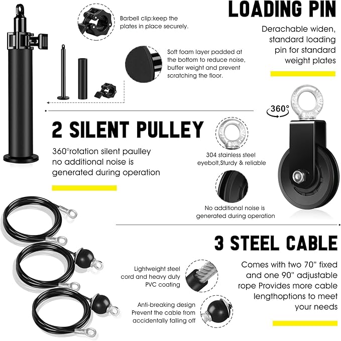 RENRANRING Fitness LAT and Lift Pulley System Gym - Upgraded LAT Pull Down Cable Machine Attachments, Loading Pin, Handle and Tricep Rope, for Biceps Curl, Forearm, Triceps Exercise Gym Equipment