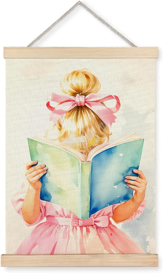 JINYO Pink Bow Dress Girl Reading Book Wall Art Poster, Coquette Girly Room Decor, Reading Nook Corner Decor, Pink Bookish Wall Art for Girls Room Dorm Library Reading Room Classroom, 12x16 Inches