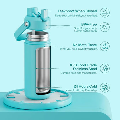 Insulated Water Bottle with Straw - Encool Stainless Steel Water Bottle, Leak-Proof, BPA-Free, Double Wall Vacuum Keeps Cold for 24 Hours for Sports, Travel, School (18 oz, Aquamarine Blue)