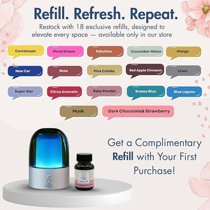 G's Breeze Smart Aroma Diffuser with 60ml Dark Chocolate & Strawberry Refill – Wi-Fi & Bluetooth Control, LED Light, Adjustable Intensity, Long-Lasting Sweet Fruity Gourmand Scent for Home or Office