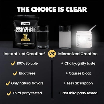 Gains in Bulk Instantized Creatine Monohydrate for Women and Men, Soluble Pre Workout Powder, Supports Muscle Building, Strength and Performance, Bodybuilding Supplements, Sweet Lemonade, 30 Servings