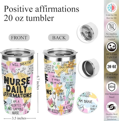 jeilink Daily Affirmations Nurse Accessories for Work, Nurse Appreciation Gifts, Nursing Student Essentials Inspirational RN Gifts for Women Birthday Christmas, 20oz Tumbler & Makeup Bag Pen Notebook