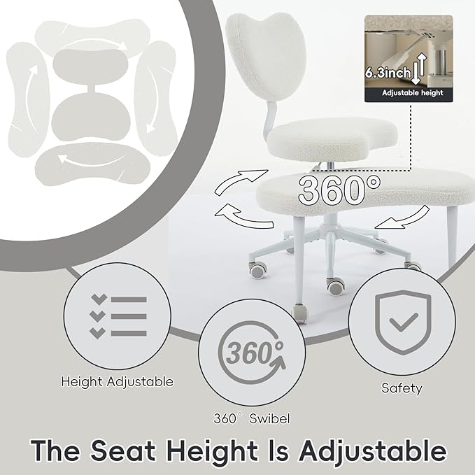 Meditation Chair with Wheels, Ergonomic Criss Cross Chair, Adjustable ADHD Floor Sitting Chair, Swivel Cross Legged Office Chair with High Back, Kneeling Posture Chair, Teddy Fabric,Ivory