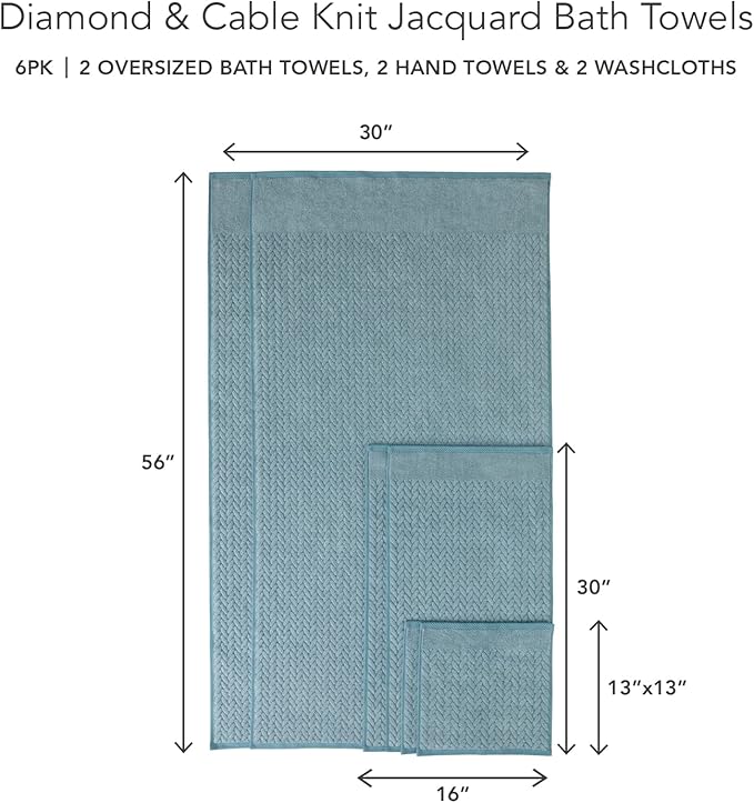 Texere 100% Organic Cotton Jacquard 650 GSM Premium Bath Towel Sets - Extra Absorbent Quick Dry and Plush, 2 Large Bath Towels, 2 Hand Towels, 2 Washcloths (Cable, Smoke Blue, 6 Piece)
