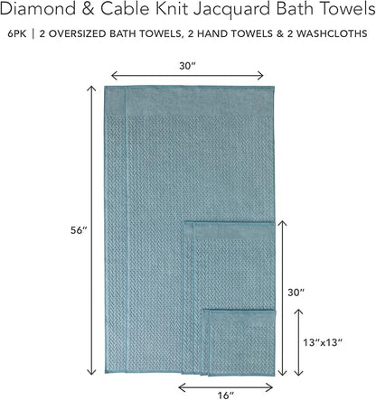 Texere 100% Organic Cotton Jacquard 650 GSM Premium Bath Towel Sets - Extra Absorbent Quick Dry and Plush, 2 Large Bath Towels, 2 Hand Towels, 2 Washcloths (Cable, Smoke Blue, 6 Piece)